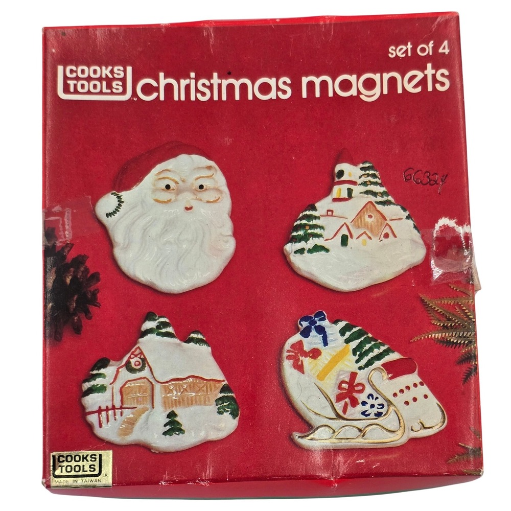 Set of 4 Vintage Christmas Magnets Santa‎ Sleigh Snow Village Holiday Decor